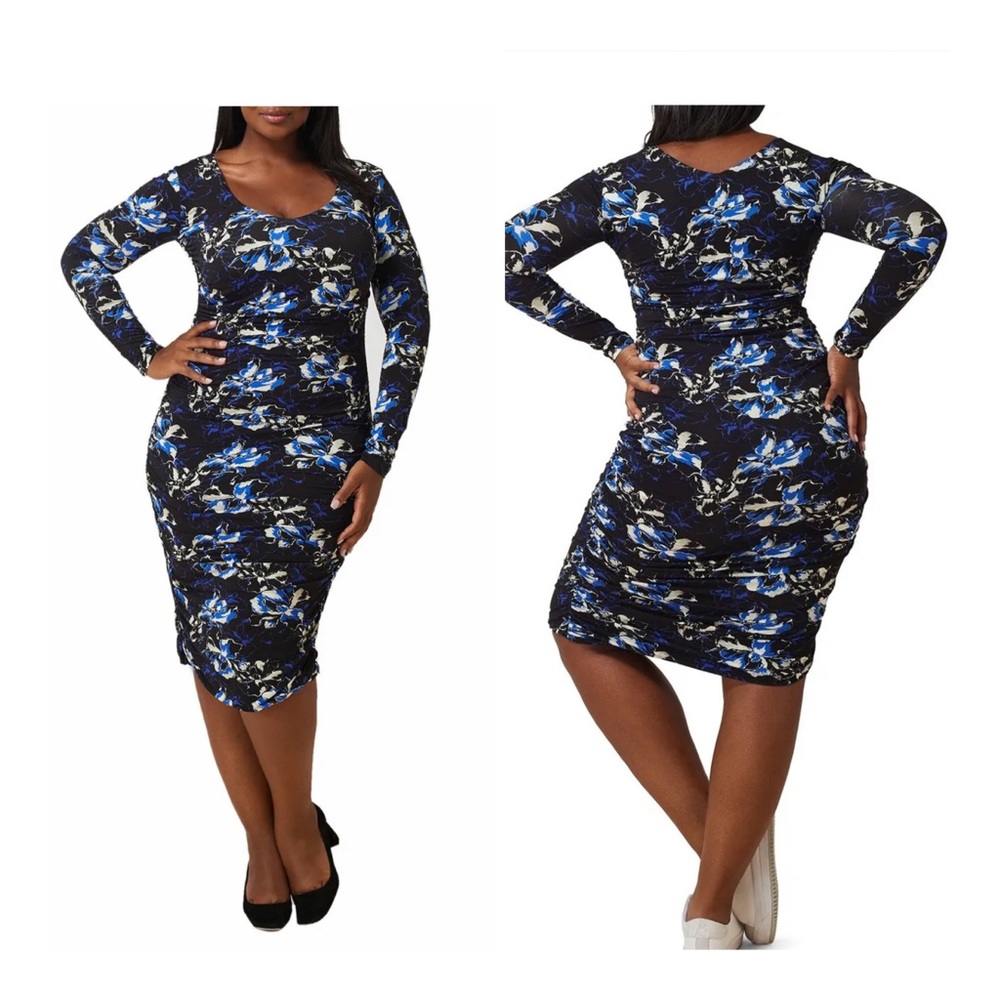Maree Pour Toi Ruched Jersey Bodycon Midi Party Dress Size 16 Blue NWT
